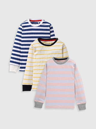 Full sleeve yellow, blue & pink stripe pattern in white cuff t-shirt combo for baby - Kidulan