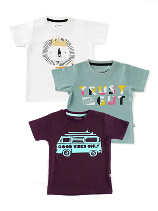 Half sleeve white & black graphic, cyan, brown & cyan graphic graphic t-shirt combo for baby - Kidulan