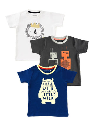 Half sleeve white & black, brown ,blue graphic t-shirt combo for baby - Kidulan