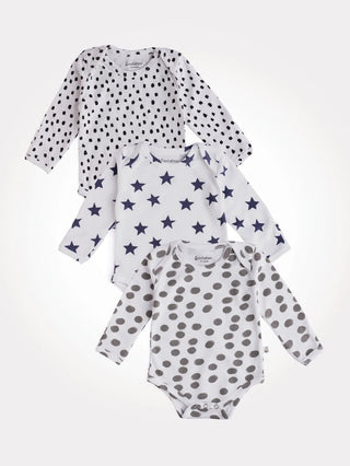 Full sleeve blue star pattern in white & pure white & black bodysuit combo for baby - Kidulan