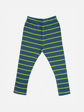 Blue & green stripe pattern, yellow stripe pattern in white & heart pattern in pink leggings combo for baby girl
