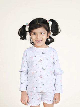 Full sleeve moon & star pattern in grey frill set for baby girl - Kidulan