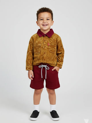 Boys Crinkled Golden Shirt with Red Corduroy Collar - Kidulan