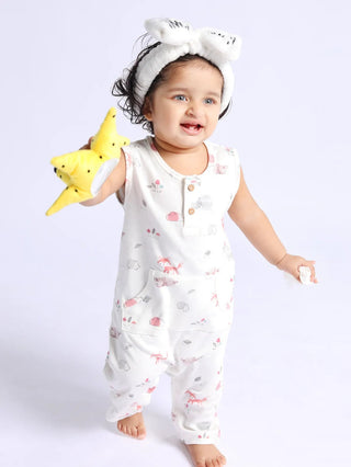 Sleeveless graphic pattern in soft pink dungaree for baby - Kidulan