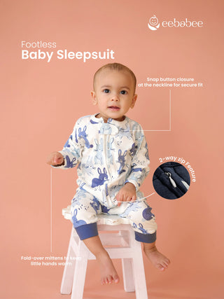 Eebabee Blue Bunny Print Footless Baby Sleepsuit with 2-Way Zip